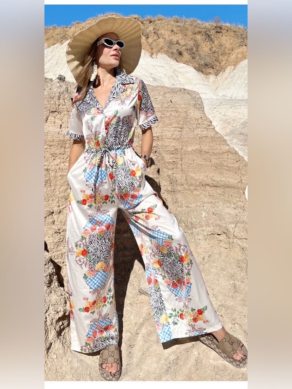 NWT Endless Moon Zebra Floral Satin Wide Leg Jumpsuit